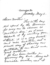 Letter from R. B. Stephenson Sr. to his mother on Mother's Day, 8 May 1910